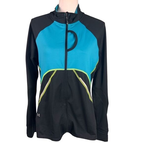 Under Armour Run Cold Gear Jacket Semi Fitted Full Zip Black Turquoise Athletic - Picture 1 of 12